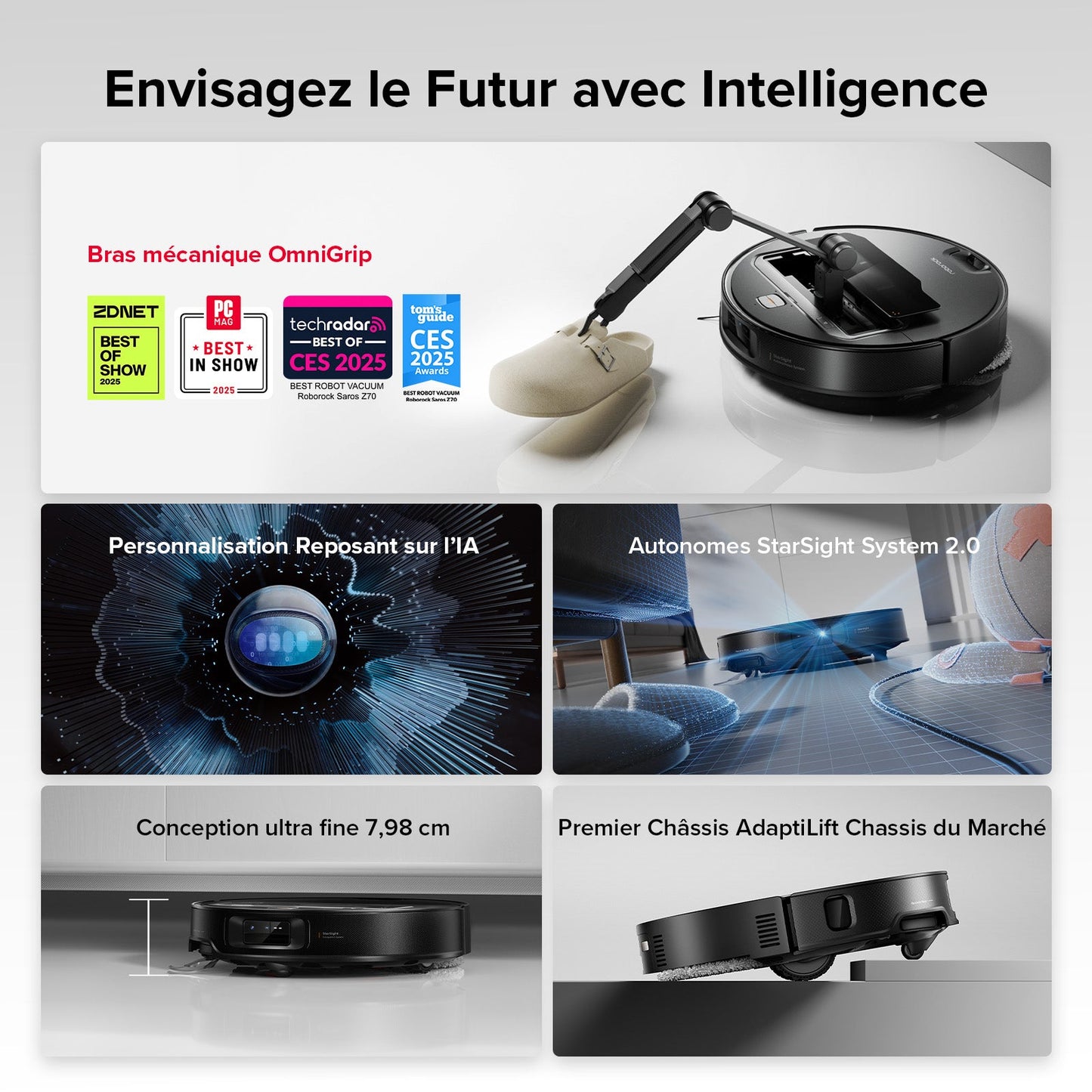 Roborock Saros Z70 robot aspirateur laveur avec bras mécanique OmniGrip™